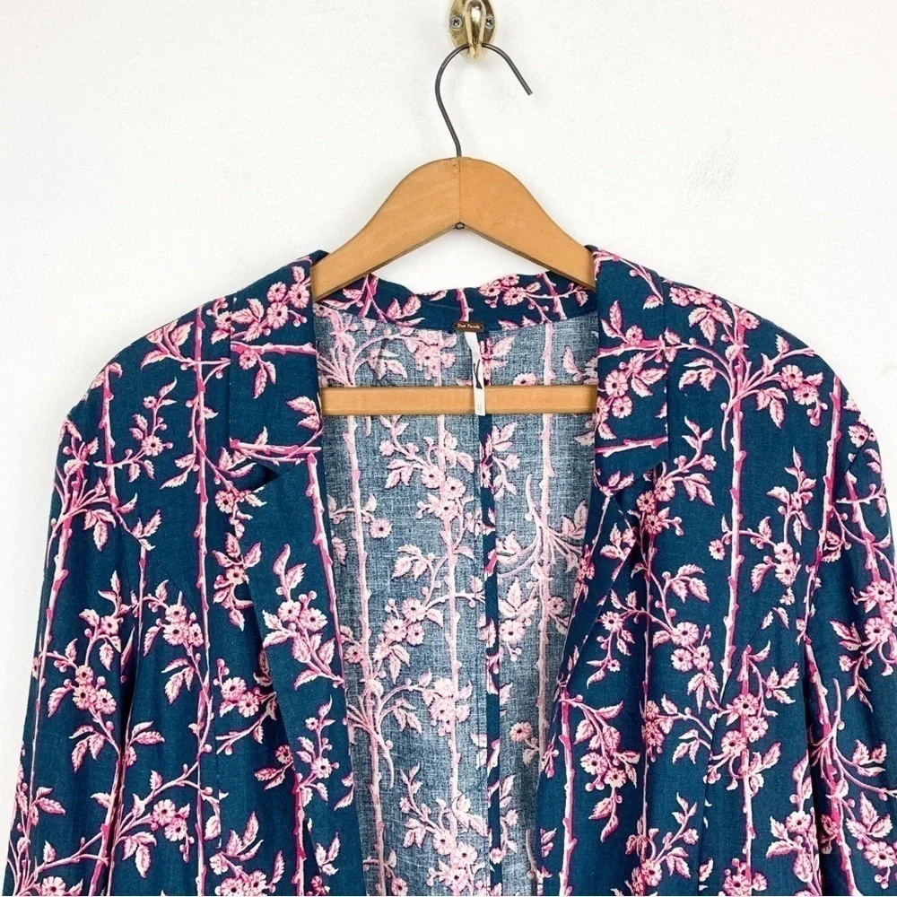 Free People Linen Blend Pink Floral Lightweight Blazer Sz XS - Picture 3 of 7